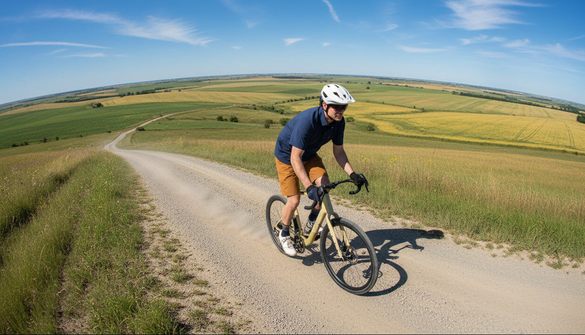 A man riding a mountain bike down a grassy path near a beach and ocean, wearing a white helmet, navy polo shirt, and orange shorts.